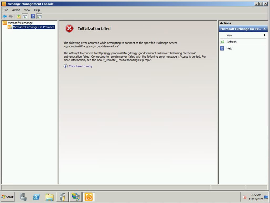 121621 1835 HowtofixExc1 - How to fix Exchange Management Console Initialization failed “Kerberos” Authentication failed error