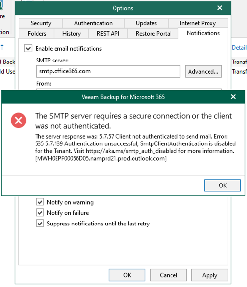 060322 1645 FixSmtpClie1 - Fix SmtpClientAuthentication is disabled for the Tenant error at Veeam Notifications
