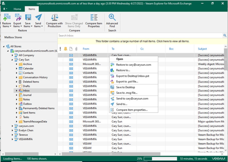 012923 2215 Howtorestor4 768x547 - How to restore Exchange Online data from Veeam Explorer for Microsoft Exchange in Veeam Backup for Microsoft 365 v6
