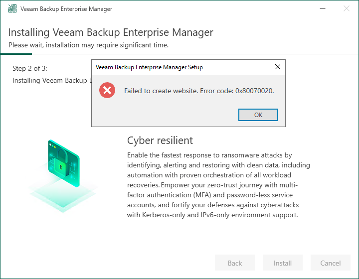 123023 1909 Fixfailedto1 - Fix failed to create website error on installing Veeam Backup Enterprise Manager 12.1 with Microsoft Defender Advanced Thread Protection